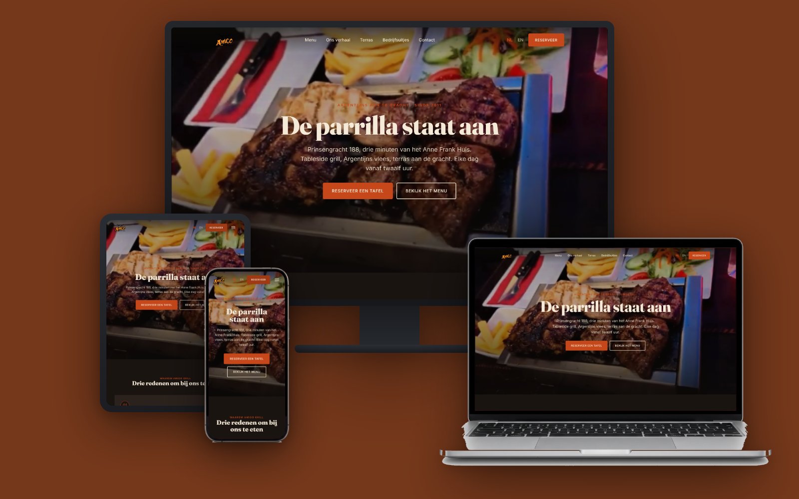 Website van Amigo Grill op monitor, laptop, tablet en telefoon