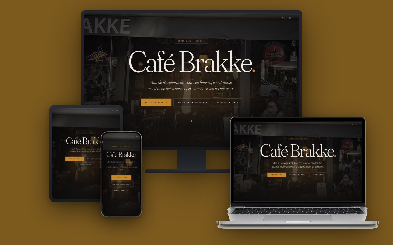 Website van Café Brakke op monitor, laptop, tablet en telefoon