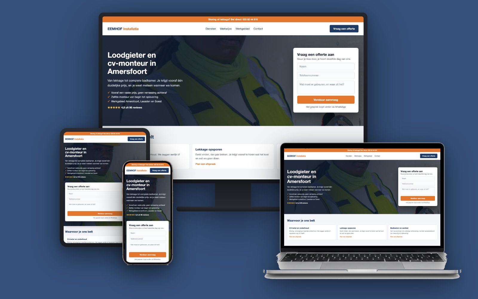 Website-ontwerp voor een installatiebedrijf, op monitor, laptop, tablet en telefoon
