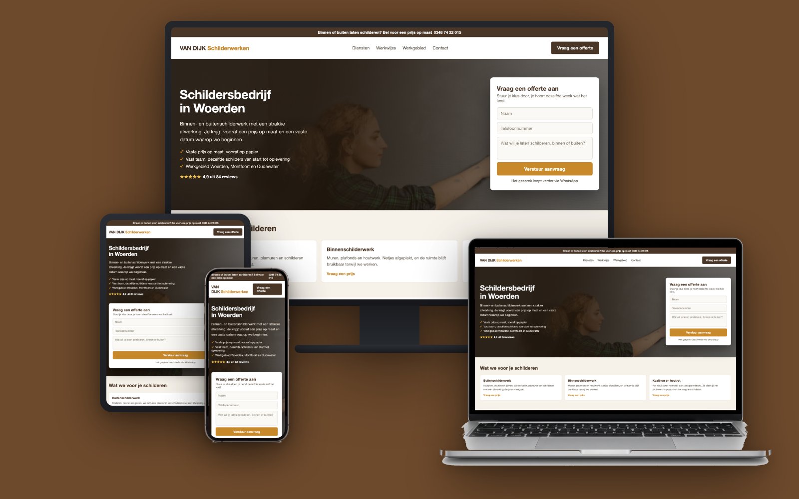 Website-ontwerp voor een schildersbedrijf in Woerden, op monitor, laptop, tablet en telefoon