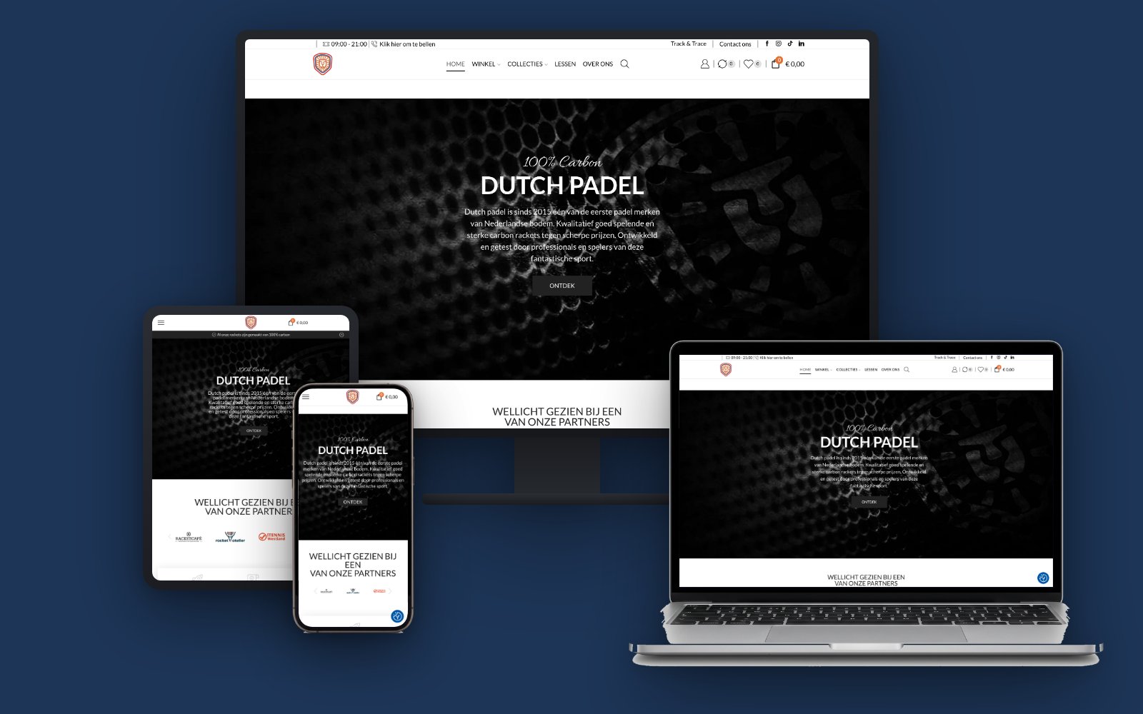 Website van Dutch Padel op monitor, laptop, tablet en telefoon