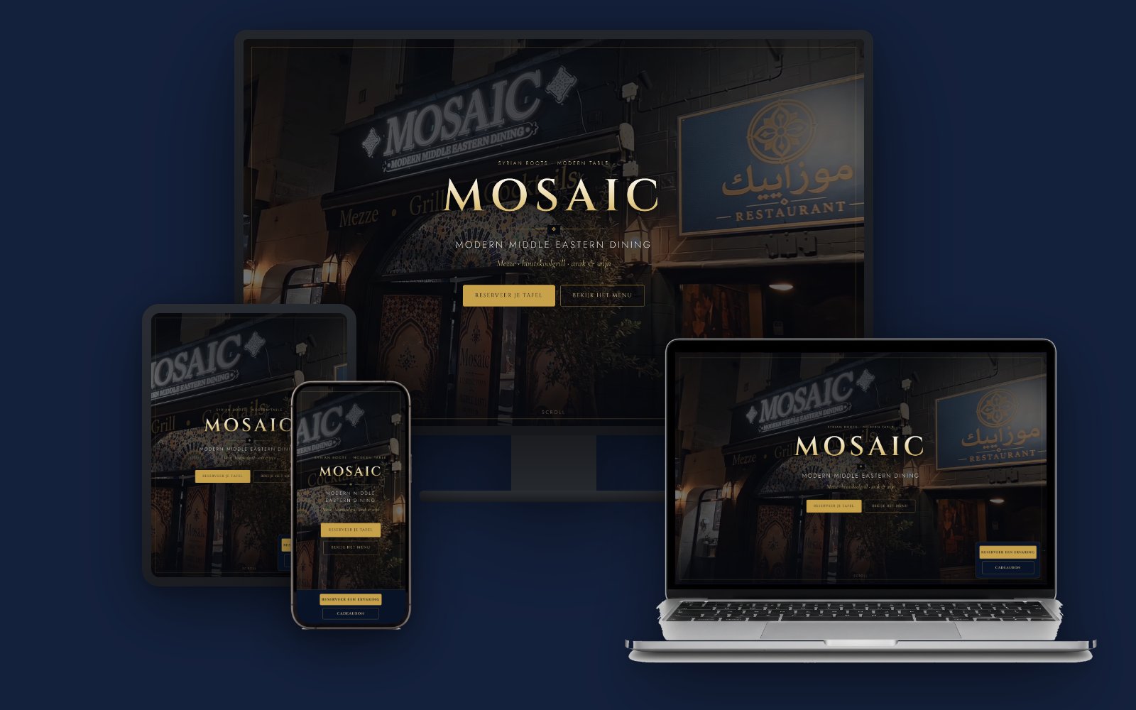 Website van restaurant Mosaic Amsterdam op monitor, laptop, tablet en telefoon